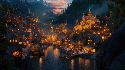 Obraz premium A picturesque mountain village at twilight glows warmly