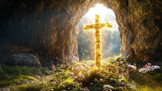 Golden Cross in Cave Entrance with Flowers and Sunlight, jesus, christ, christianity, religion, faith