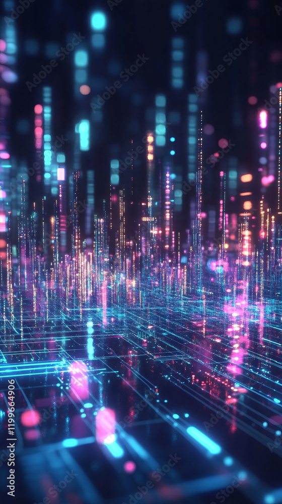 Poster digital lines glowing across motherboard landscape, symbolizing interconnected urban infrastructure 