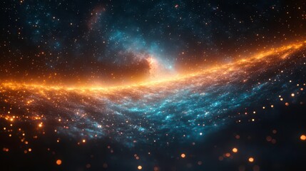 Obraz premium A stunning cosmic scene featuring vibrant colors of blue and orange, depicting a galaxy with swirling stars and glowing cosmic dust.