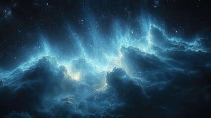 Fototapeta premium A mesmerizing cosmic scene featuring ethereal blue clouds illuminated by starlight, evoking feelings of mystery and the vastness of space.