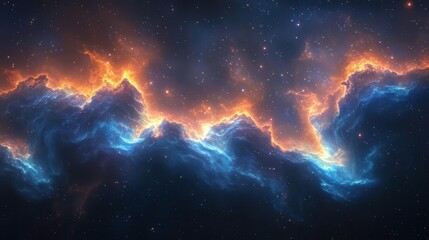 Obraz premium A stunning celestial scene featuring vibrant clouds of gas and dust illuminated by fiery colors, capturing the beauty of the cosmos.