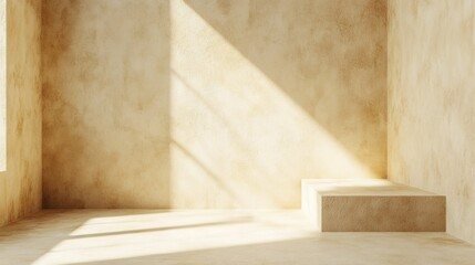 Warm sunlit room with clean, modern design elements. Stone wall and brick floor create a cozy yet sleek interior space.