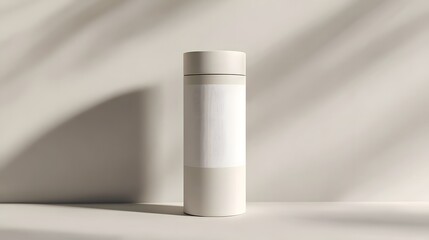 Blank mockup template of a packaging label on a tall cylindrical container with glossy texture and soft shadows.