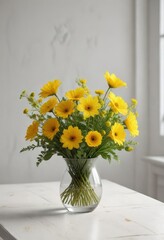 A bright and cheerful yellow flower arrangement in a clear glass vase on a white wooden table, colorful, charming
