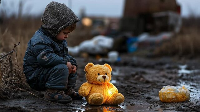 Lonely Child with Teddy Bear in Gloomy Setting, boy, toddler, young, stuffed animal, alone