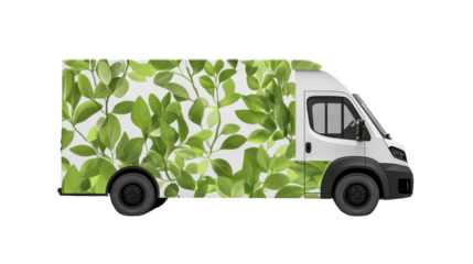 Eco-friendly delivery van adorned with vibrant green leaf patterns, designed for sustainable transportation on a white isolated background.