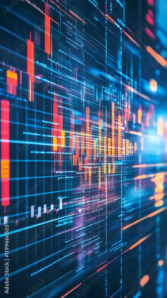 Fototapete Colorful lines of code and financial data flow across a dark digital background, creating a futuristic technological visualization