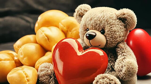 Teddy Bear with Heart and Cheese Balls, stuffed animal, plush toy, red heart, love, romance