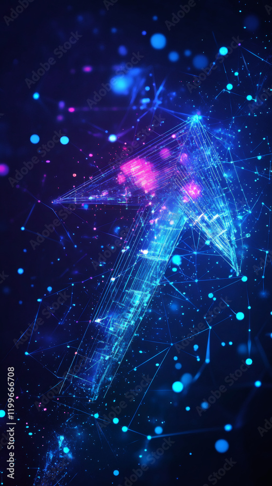 Poster polygonal arrow pointing upward surrounded by glowing dots and lines, symbolizing growth, success an