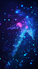 Polygonal arrow pointing upward surrounded by glowing dots and lines, symbolizing growth, success and achievement