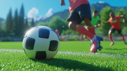 Fototapeta premium A close-up of a soccer ball rolling on the field, with players' legs in action and the vibrant green grass detailed underneath.