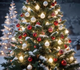 A snow-covered Christmas tree with ornaments and lights, shining, colorful, christmas tree
