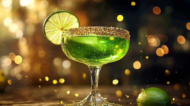 Green cocktail with lime and gold rimming on st. patrick's day celebration, festive drink on a vibrant background, holiday concept