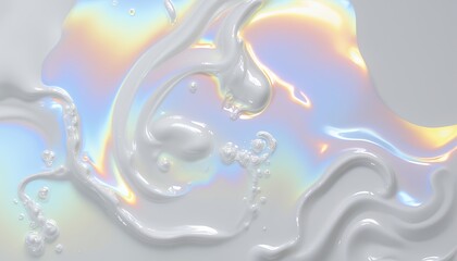 Close-up of Silky Smooth Skincare and Cosmetic Products with Iridescent Swirls and Highlighted Textures, Featuring Cream, Lotion, Gel, Serum, Balm, Foam, Powder, Oil, Mousse, Paste, Emulsion, Stick, T