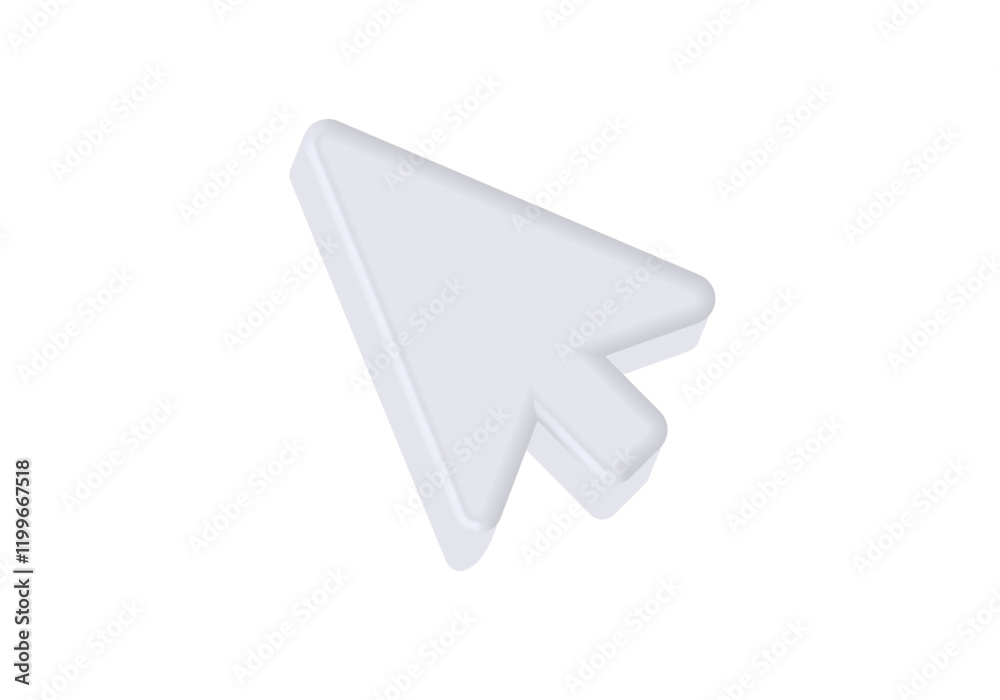 Poster a simplistic 3d white arrow cursor icon pointing to the right, used for navigation and selection.