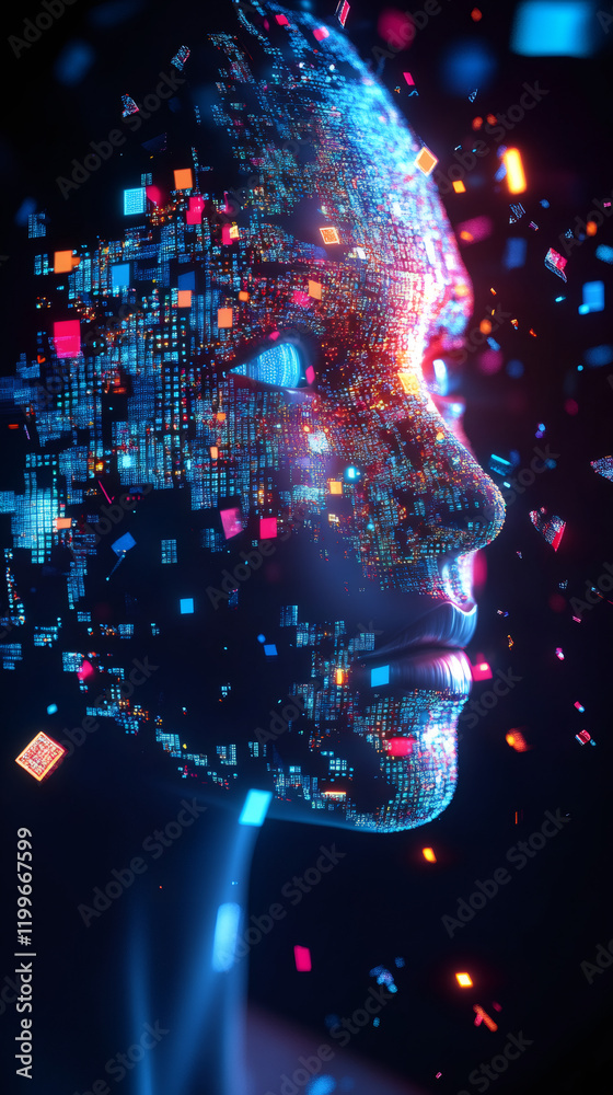 Poster human face generating from digital blocks, representing machine learning and artificial intelligence