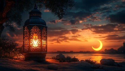 Fototapeta premium Ornamental Arabic lantern with burning candle glowing at night mosque background. Festive greeting card, invitation for Muslim holy month Ramadan Kareem.