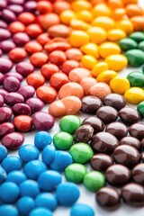 A diverse assortment of round, colorful candies arranged in a visually appealing pattern with pastel hues.