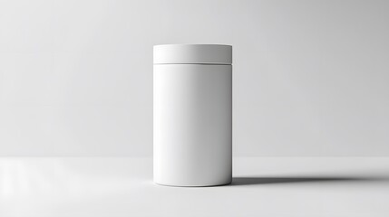 Blank mockup template of a packaging label on a sleek white cylindrical container, with soft shadows and minimalistic lighting.