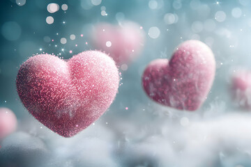 Fototapeta premium Floating pink hearts with soft sparkles, on a foggy backdrop