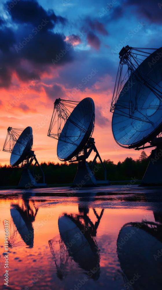 Poster radio telescopes reflecting in puddle, mirroring dramatic sunset colors with vibrant clouds spreadin