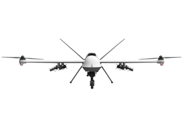 Military drone equipped with missiles ready for operation during daytime isolated on transparent background