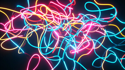 Bright abstract lines of light in vibrant colors create dynamic visual on dark background, evoking energy and creativity. intertwining patterns suggest movement and fluidity