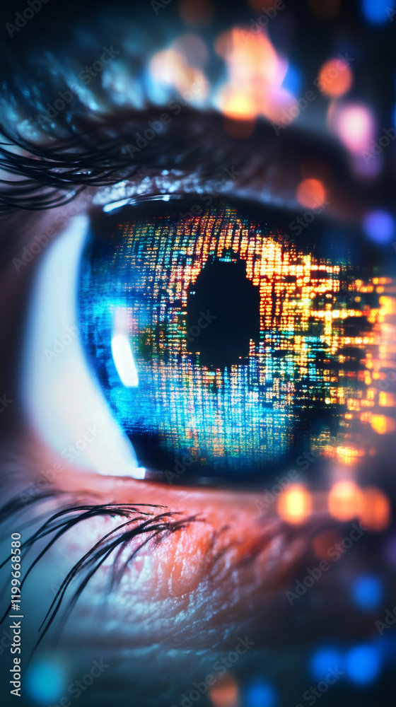Poster digital data reflecting on human eye iris, symbolizing cybersecurity, privacy, and technological sur