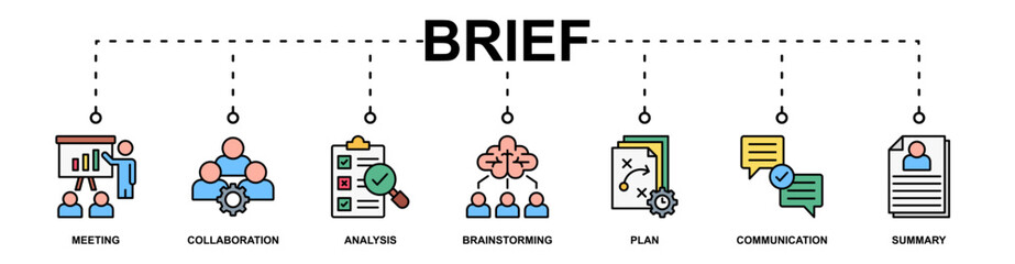 Brief banner web icon vector illustration concept with icon of meeting, collaboration, analysis, brainstorming, plan, communication, summary