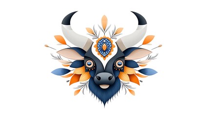 Fototapeta premium Artistic Bull Head with Floral Ornament Blue Orange Design