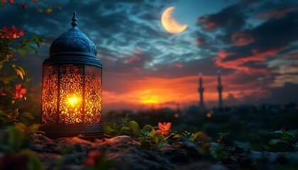 Ornamental Arabic lantern with burning candle glowing at night mosque background. Festive greeting card, invitation for Muslim holy month Ramadan Kareem.