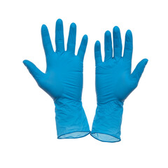 Obraz premium Pair of Blue Nitrile Medical Gloves Hands Hygiene Protection PPE Exam Care Clean Nurse Latex Safety 
