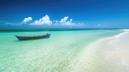 Obraz premium Tranquil Blue Boat on Turquoise Tropical Sea