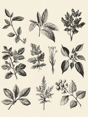 Collection of botanical illustrations featuring various plant species and their leaves. Black and white, artistic monochrome depiction. Each plant is meticulously detailed