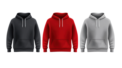A set of three hoodies in black, red, and gray on a white isolate background, perfect for casual wear and fashion promotions.