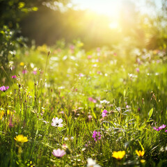 Fototapeta premium Bright and lively summer meadow with colorful flowers, buzzing insects, and vibrant greenery
