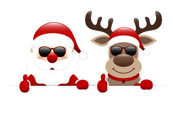Horizontales Banner Weihnachtsmann Und Rentier Sonnenbrille Daumen Hoch Dunkelrot