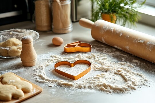 A heart-shaped cookie cutter rests atop a flour-dusted counter, surrounded by baking tools and ingredients, encapsulating the joy of baking and love in the kitchen.