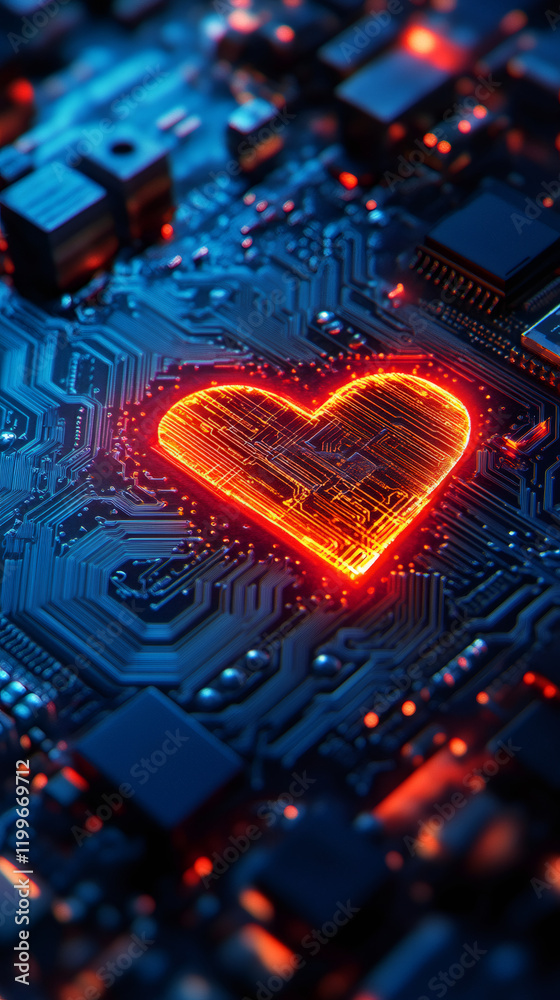Poster luminous heart pulsing on electronic circuit, representing technological passion and digital connect