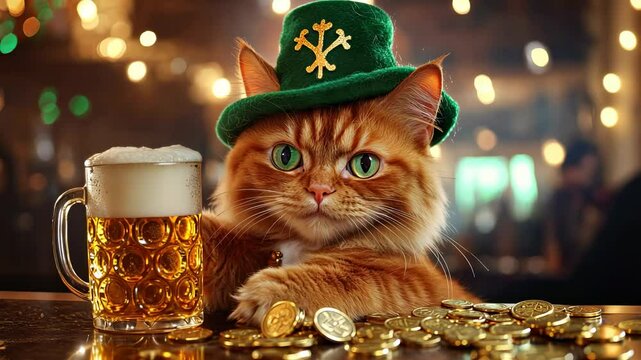 Adorable ginger cat with green leprechaun hat and foamy beer mug surrounded by gold coins on st. patrick's day celebration in a cozy pub