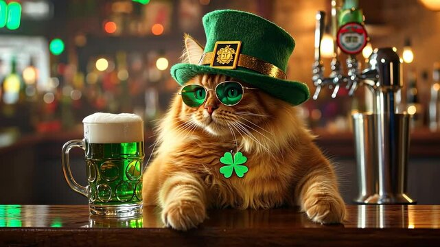 Ginger cat in green leprechaun hat with pint of green beer and shamrock necklace in pub ambiance for st. patrick's day celebration
