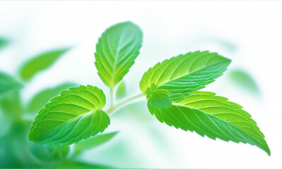 Fototapeta premium Green mint leaves on a light background.