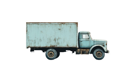 Vintage blue delivery truck on a white isolated background, showcasing a rustic design and weathered appearance.
