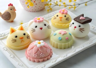 japanese dessert wagashi in the shape of cute animals isolated on white background