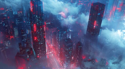Fototapeta premium Futuristic Cityscape Aerial View Illuminated Towers