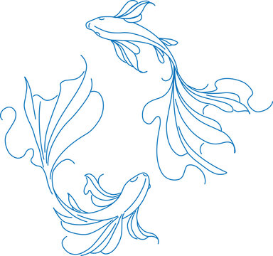 Koi fishes line drawing silhouette. Pisces zodiac sign contour illustration