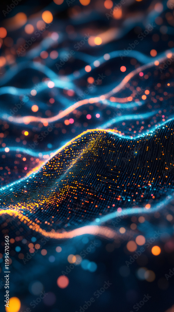 Poster digital wave particles flowing, glowing with bokeh, representing technological innovation and scient