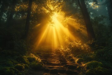 mystical ancient forest at dawn, golden light filtering through fog-wrapped giant sequoias, moss-covered stones below