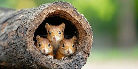 Three squirrels peek from hollowed tree trunk, Ecosystem impact of deforestation concept